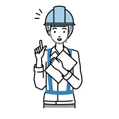 立って書類を手に持って何かひらめいた工事現場の女性