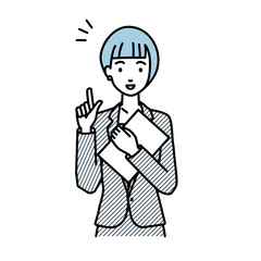 立って書類を手に持って何かひらめいたスーツの女性