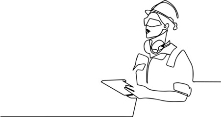 Girl construction engineer at construction. Industry maintenance engineer woman wearing uniform and safety helmet under inspection by tablet. Minilal line concept