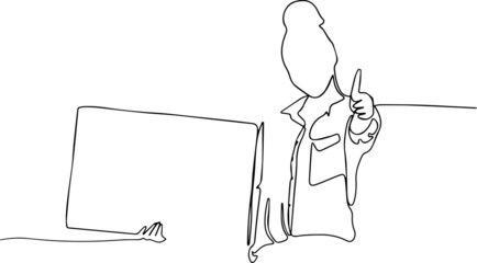 Girl holding blank placard with free space for your ad and showing thumb.