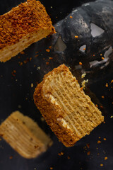 Halloween cake with a pumpkin . vegan honey cake. levitation