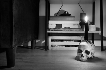 Black and white image of skull posing with a lit candle and bookshelf on top