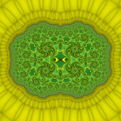 Carpet ornament in green tones on yellow fabric