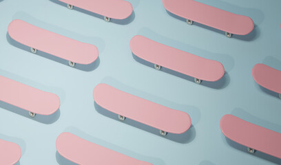 Sport equipment skateboard with pink and pastel blue background. Minimal conceptual with copy space. Different concept idea. Trendy 3d render for social media banners, promotion.