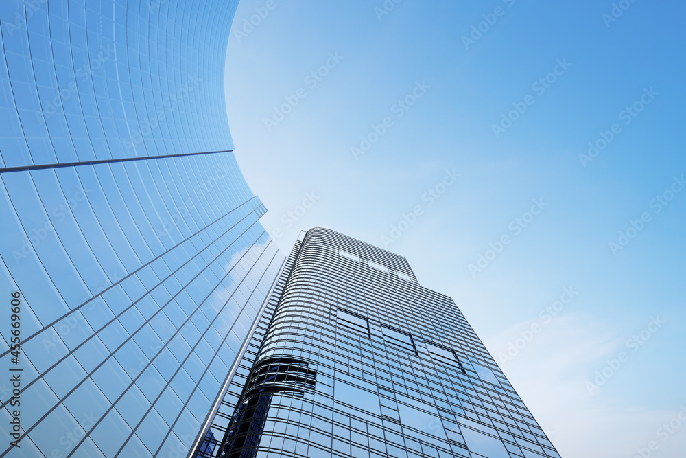 Poster low angle view of futuristic modern architecture, skyscraper of corporate office building, 3d render