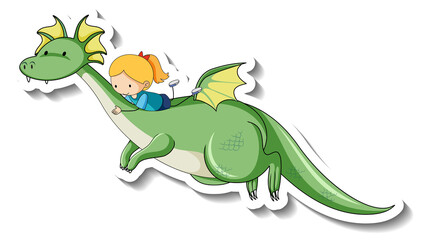 Sticker template with a little girl riding a fantasy dragon