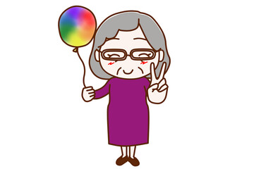 ＜全身・正面＞レインボーカラーの風船を持ってピースと笑顔で平和を願う高齢の女性