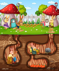 Underground rabbit hole with ground surface of the garden scene