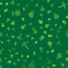 Set line Bitcoin, Pickaxe and Hand holding on seamless pattern. Vector
