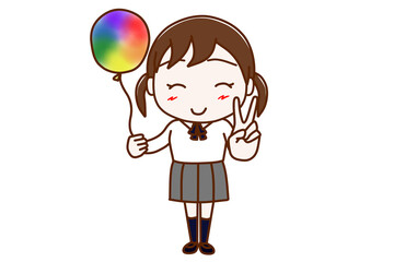 ＜全身・正面＞レインボーカラーの風船を持ってピースと笑顔で平和を願う女子学生