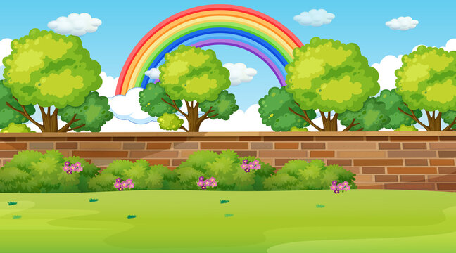 Park landscape scene with rainbow in the sky