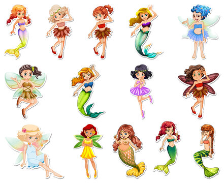 Set of stickers with beautiful fairies and mermaid cartoon character