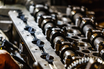 Engine closeup, cylinder head with valves detail