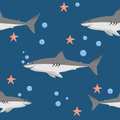 Naklejka premium Cute Sharks and Starfish Seamless Pattern Background Vector Illustration