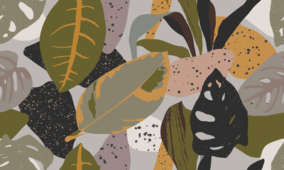 Tropical seamless pattern. Abstract botanical illustration in collage style. Modern background. Great for textile design, wallpaper, wall decor, wrapping paper, etc.