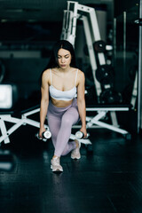 Fototapeta na wymiar Young pretty woman doing lunges with dumbbells at gym