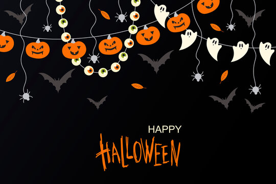 Halloween decor. Ghosts and bats. Pumpkin. Horizontal black background with garland. Spooky Cartoon Vector Illustrations. Holiday design.