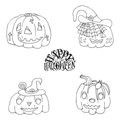 A set of Doodle pumpkins. Pumpkins for Halloween. A linear pattern. Coloring pages for children and adults.