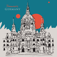 Drawing sketch illustration of the New City Hall of Hannover, Germany