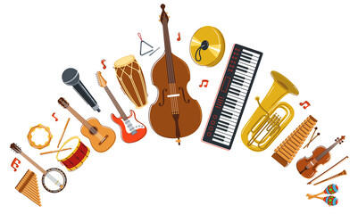 Music orchestra diverse instruments vector flat illustration isolated on white background, live sound concert or festival, musical band or orchestra playing and singing songs. - obrazy, fototapety, plakaty