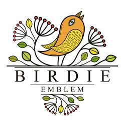 Obraz premium Bird on a branch floral vector design with leaves isolated over white, classical elegant fashion style banner or text divider for design, luxury vintage linear emblem or frame element.