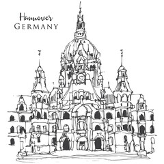 Fototapeta premium Drawing sketch illustration of the New City Hall of Hannover, Germany