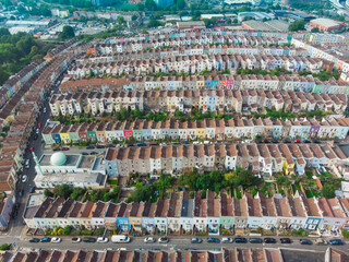 Aerial view of quirky multicoloured terraced houses in Bristol, England
