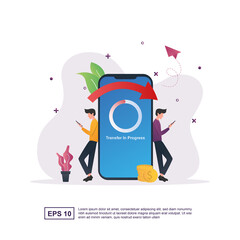 Online transfer concept with two people doing the transfer using a smartphone.
