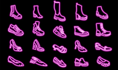 Shoes line icon set neon vector, editable stroke.Sneakers, high heels, boots outline.