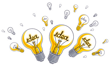 Shining light bulb and set of lightbulb icons, ideas creative concept, brainstorm allegory, vector illustration.