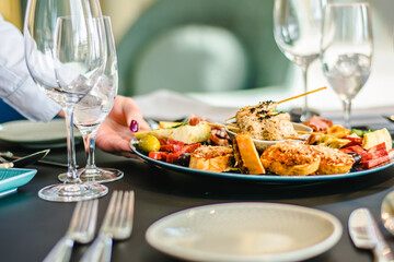 Appetizers platter at a restaurant on a table