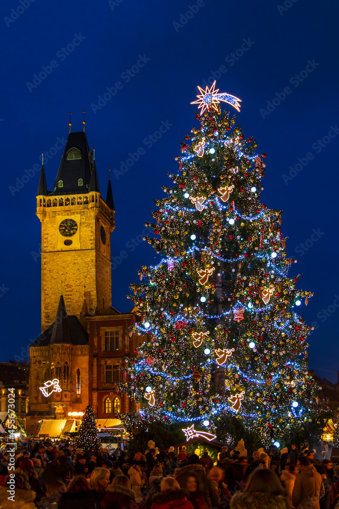 Sticker christmas tree on old town square in prague, czech republic