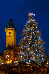 Fototapeta na wymiar Christmas tree on Old Town Square in Prague, Czech Republic