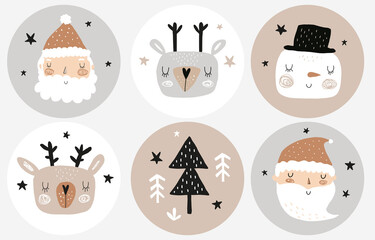 Cute Christmas Party Vector Stickers. Shape Party Tags with Snowman, Deer, Santa Claus and Trees on a White, Gray and Brown Background. Hand Drawn Infantile Style Winter Holidays Cake Toppers. 