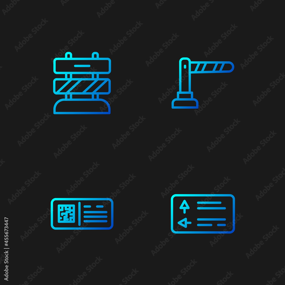 Poster set line road traffic signpost, qr code ticket train, end of railway tracks and railway barrier. gra