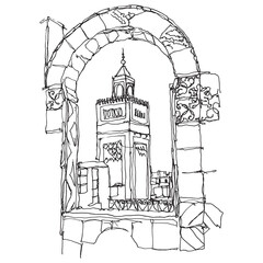 Drawing sketch illustration of Zitouna Mosque in Tunis, Tunisia © EnginKorkmaz