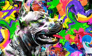 colorful artistic dog muzzle with bright paint splatters on white background.