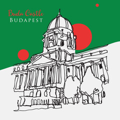 Drawing sketch illustration of Buda Castle in Budapest, Hungary