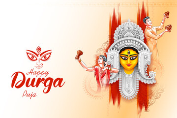 Goddess Durga Face in Happy Durga Puja Subh Navratri Indian religious header banner background - 455674062
