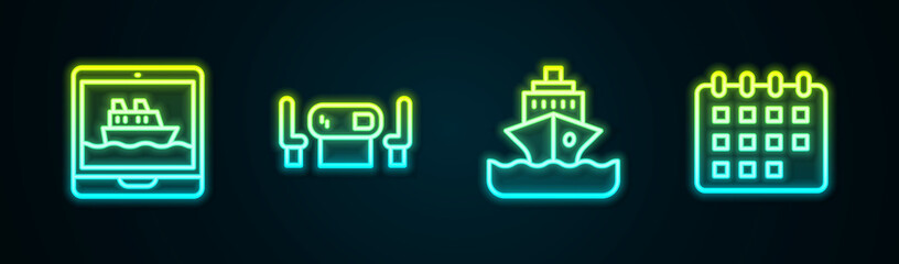 Set line Cruise ship, Poker table, and Calendar. Glowing neon icon. Vector