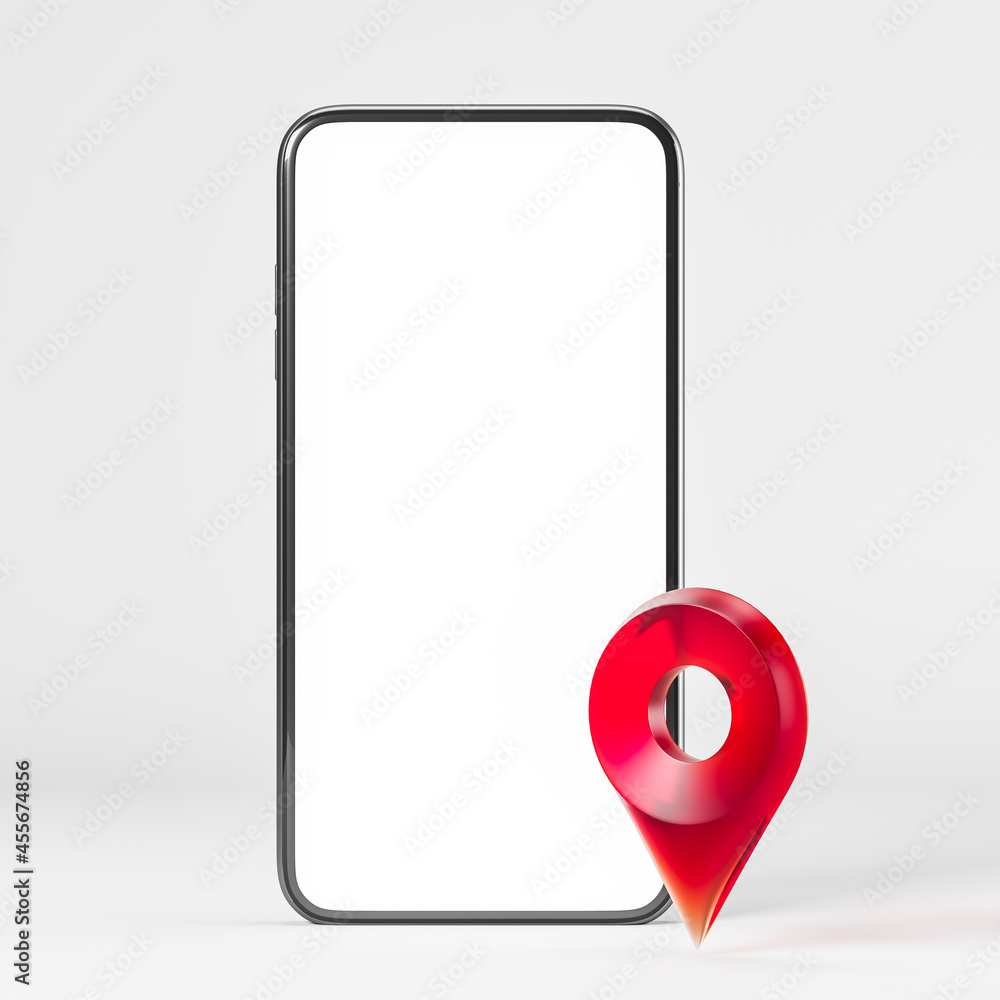 Poster white blank smartphone screen with red geotag. navigator concept, and online maps a taxi. mock up. 3