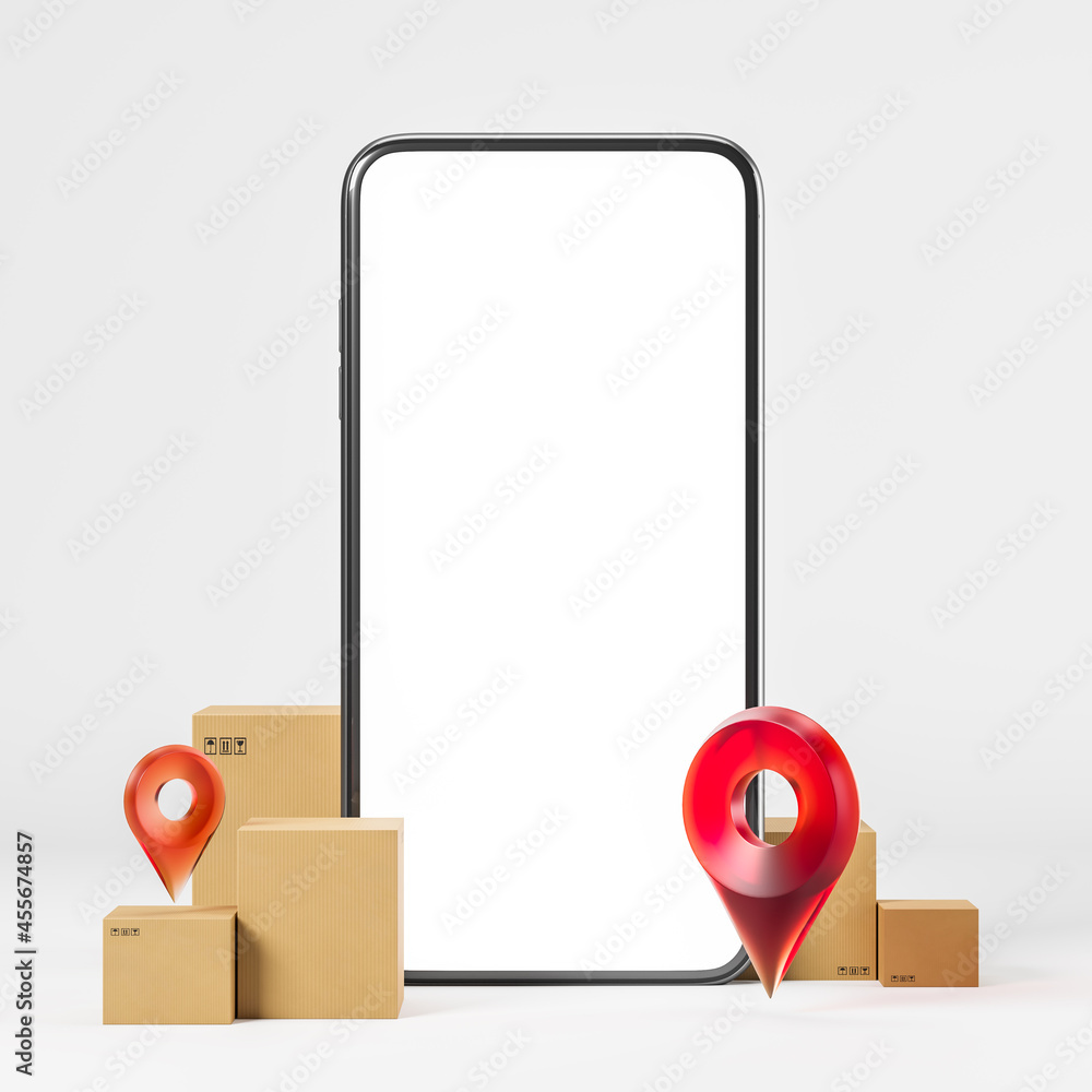 Poster smartphone blank white screen on white background with boxes and red geotag. delivery or moving conc