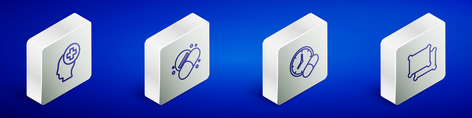 Set Isometric line Male head with hospital, Medicine pill or tablet, and Pillow icon. Vector