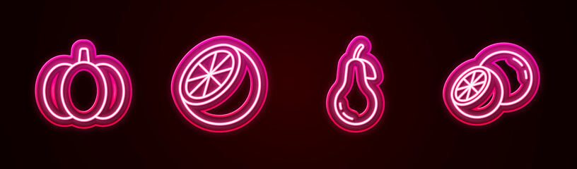 Set line Pumpkin, Orange fruit, Pear and . Glowing neon icon. Vector