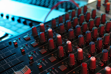 Musical producer workplace concept, close up and selective focus