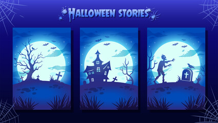 Halloween night illustrations, backgrounds in blue colors. Vector Collection. Glowing moon, zombie, witch house and sinister tree. Graves, crosses and bats. Halloween decorations