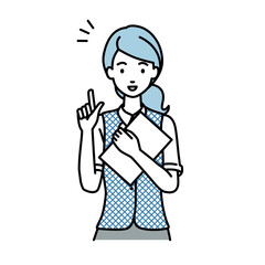 立って書類を手に持って何かひらめいた事務員制服の女性