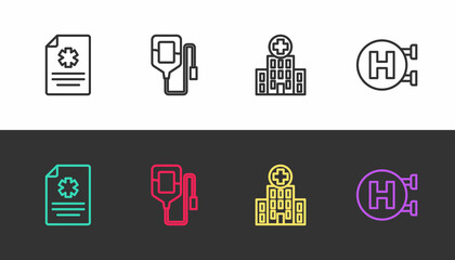 Set line Clinical record, IV bag, Medical hospital building and Hospital signboard on black and white. Vector