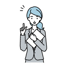 立って書類を手に持って何かひらめいたスーツの女性