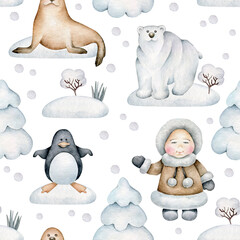 Watercolor arctic pattern:seal,penguin,eskimo,polar bear - obrazy, fototapety, plakaty